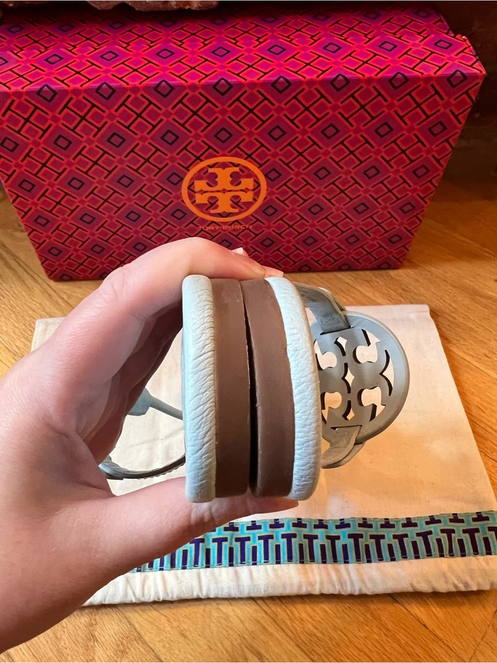 Tory Burch Seltzer Light Blue Tumbled Leather Miller Sandals